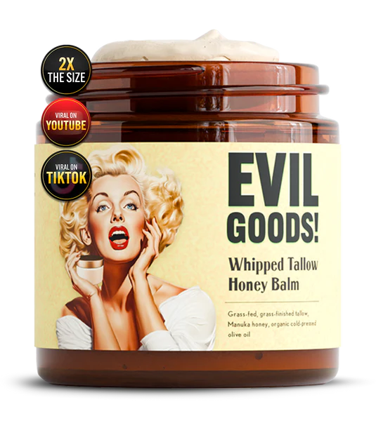 EVIL GOODS! Whipped Beef Tallow and Manuka Honey Balm, 4oz, Organic Face Cream, Moisturizer, Body Lotion, Skin Care and Lip Balm