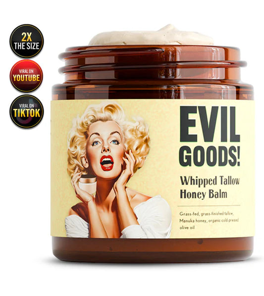 EVIL GOODS! Whipped Beef Tallow and Manuka Honey Balm, 4oz, Organic Face Cream, Moisturizer, Body Lotion, Skin Care and Lip Balm