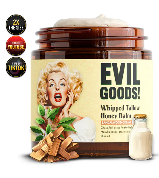 EVIL GOODS! Whipped Beef Tallow and Manuka Honey Balm, 4oz, Organic Face Cream, Moisturizer, Body Lotion, Skin Care and Lip Balm